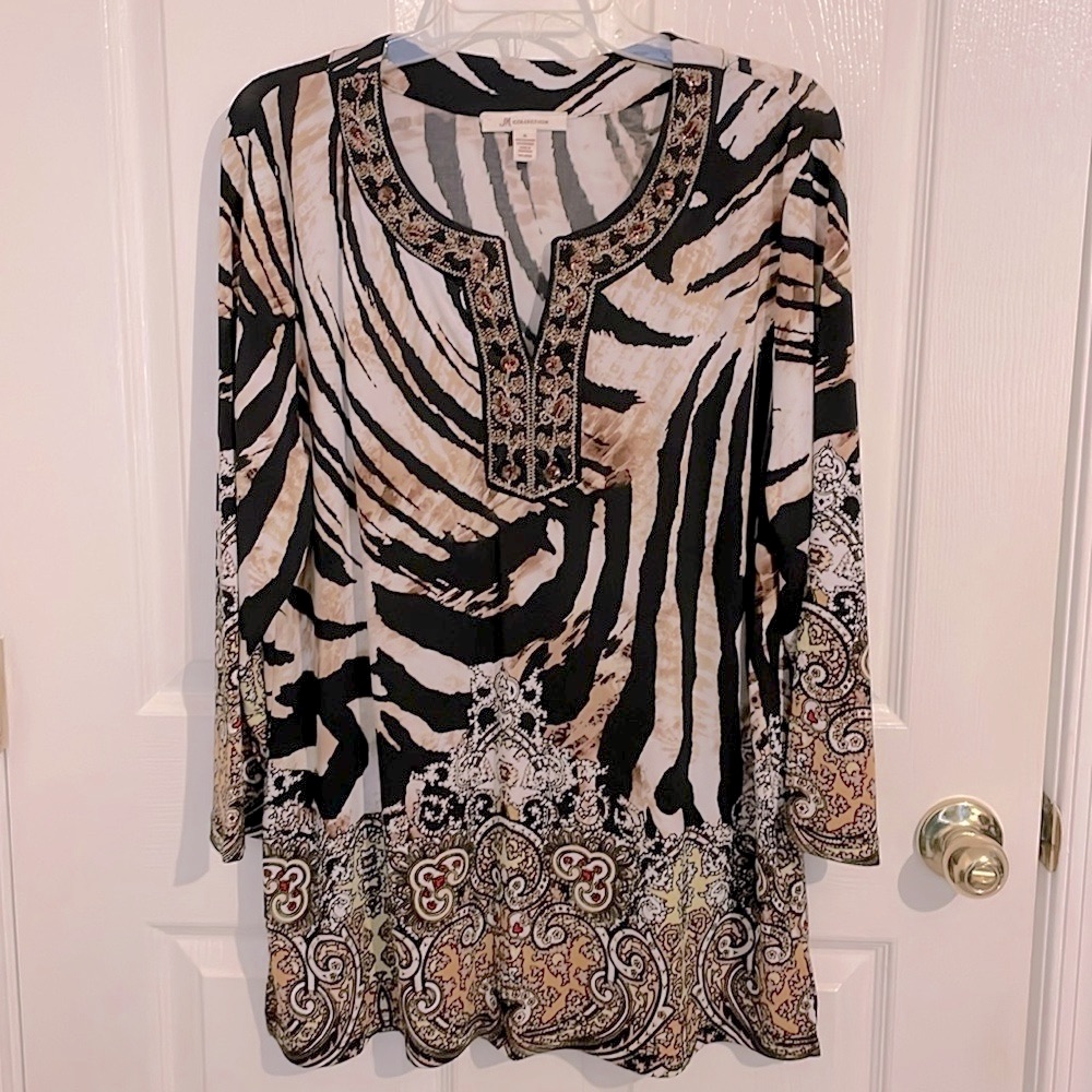 Jm Collection Zebra Pattern V Neck Tunic With Sequined Trim Size Xl